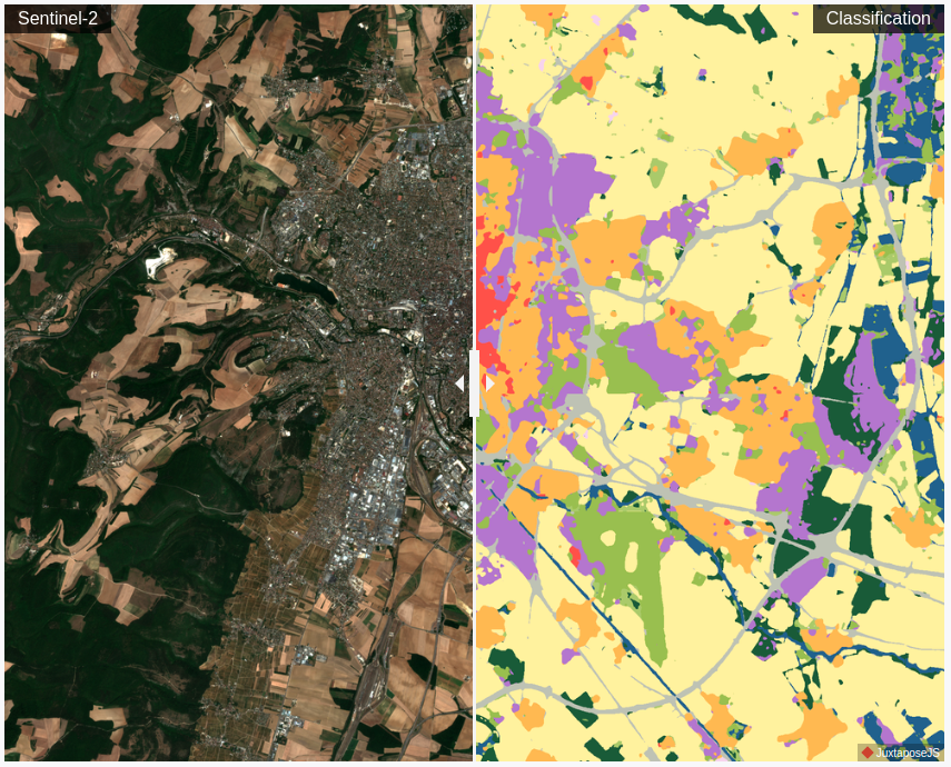 Sentinel-2 imagery compared side by side with the MultiSenGE land cover classification