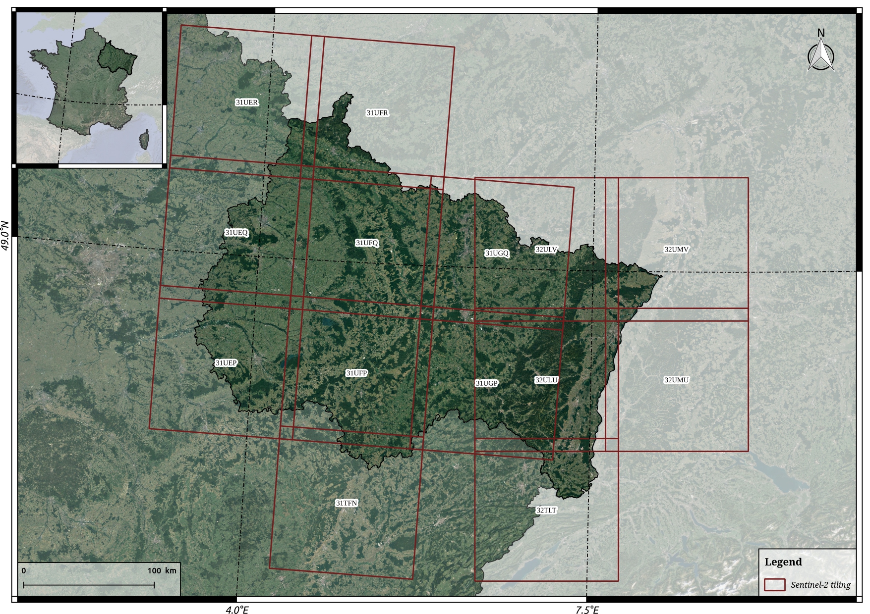 Figure 1: Study area with Sentinel-2 tiling grid.