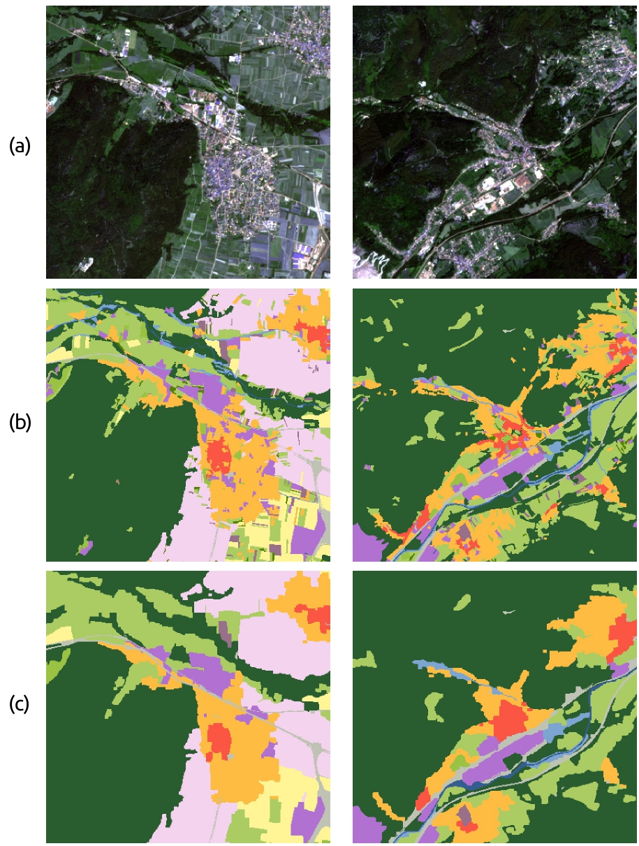 Figure 3: Comparison between (a) Sentinel-2 image in RGB, (b) reference database before the application of the connected components method and the (c) final reference data (Color legend like in Figure 4).